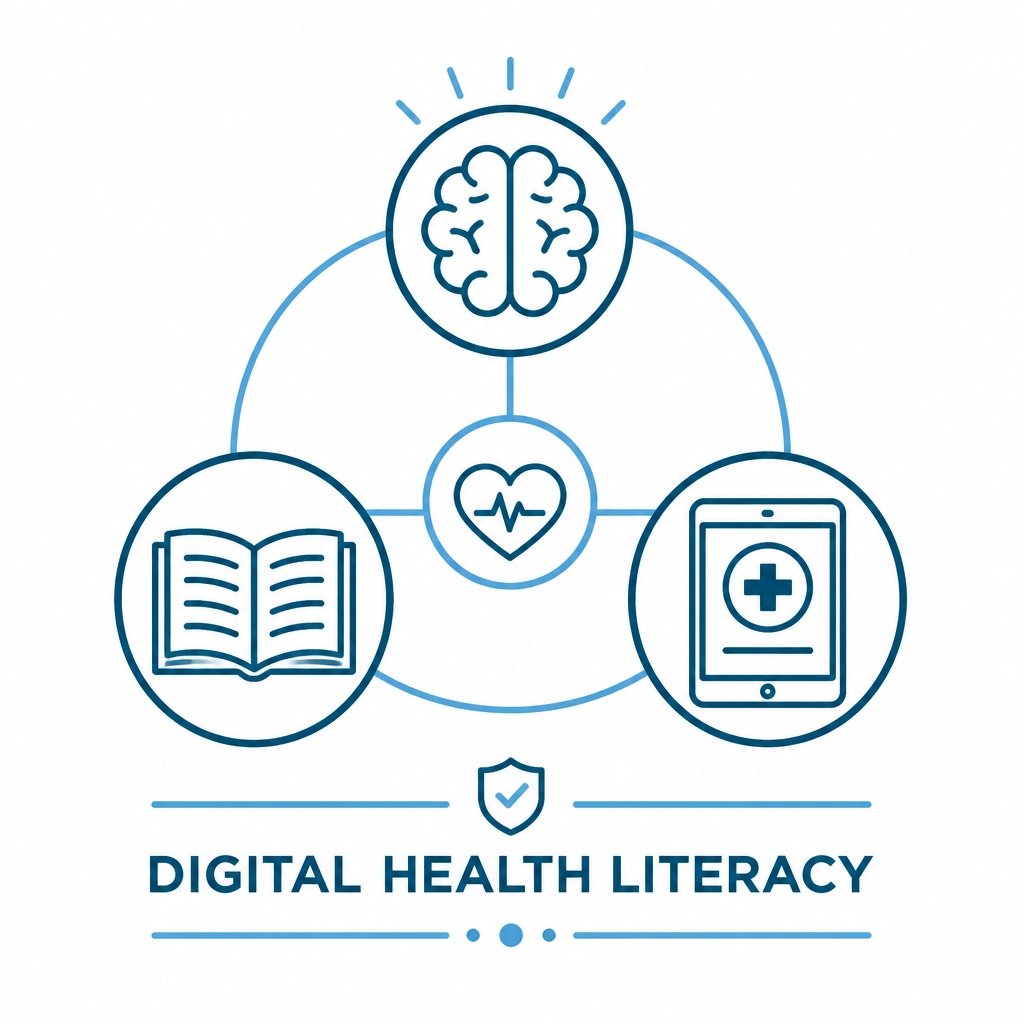 Minimalist medical literacy graphic with brain and digital tablet icons