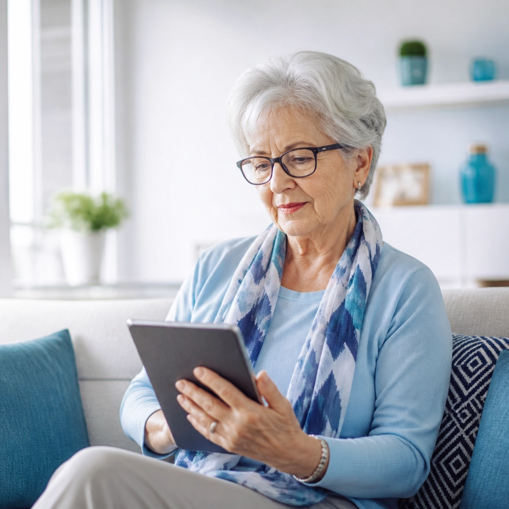 A senior woman engaged in a cognitive activity in a bright, modern living room