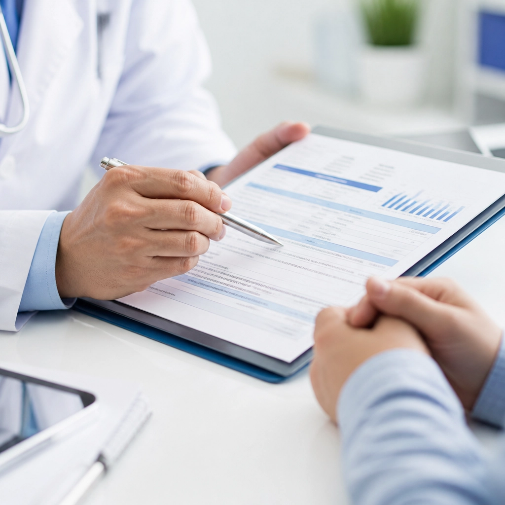 Close-up of a medical consultation discussing health charts