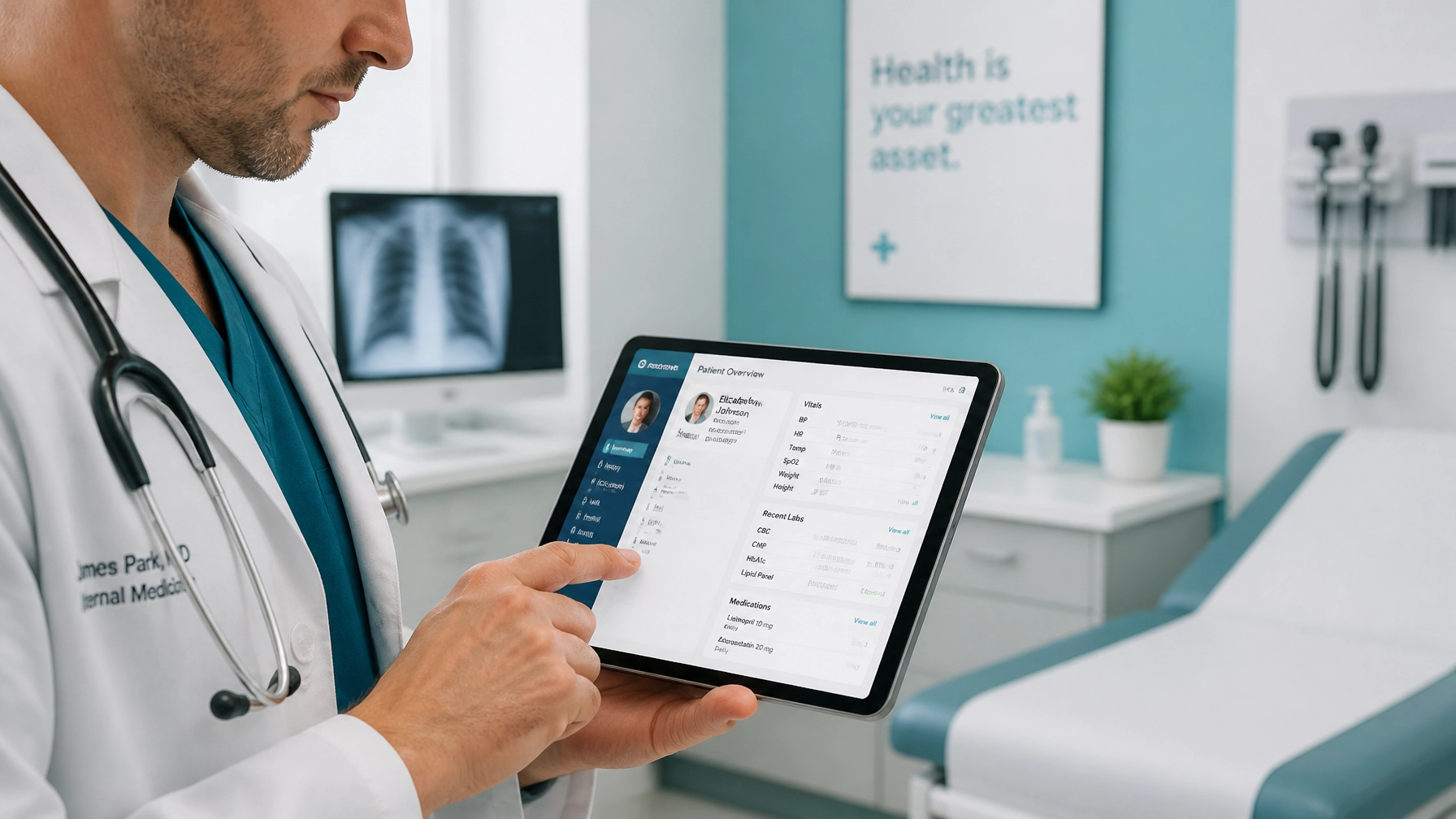 Doctor reviewing patient charts on a tablet