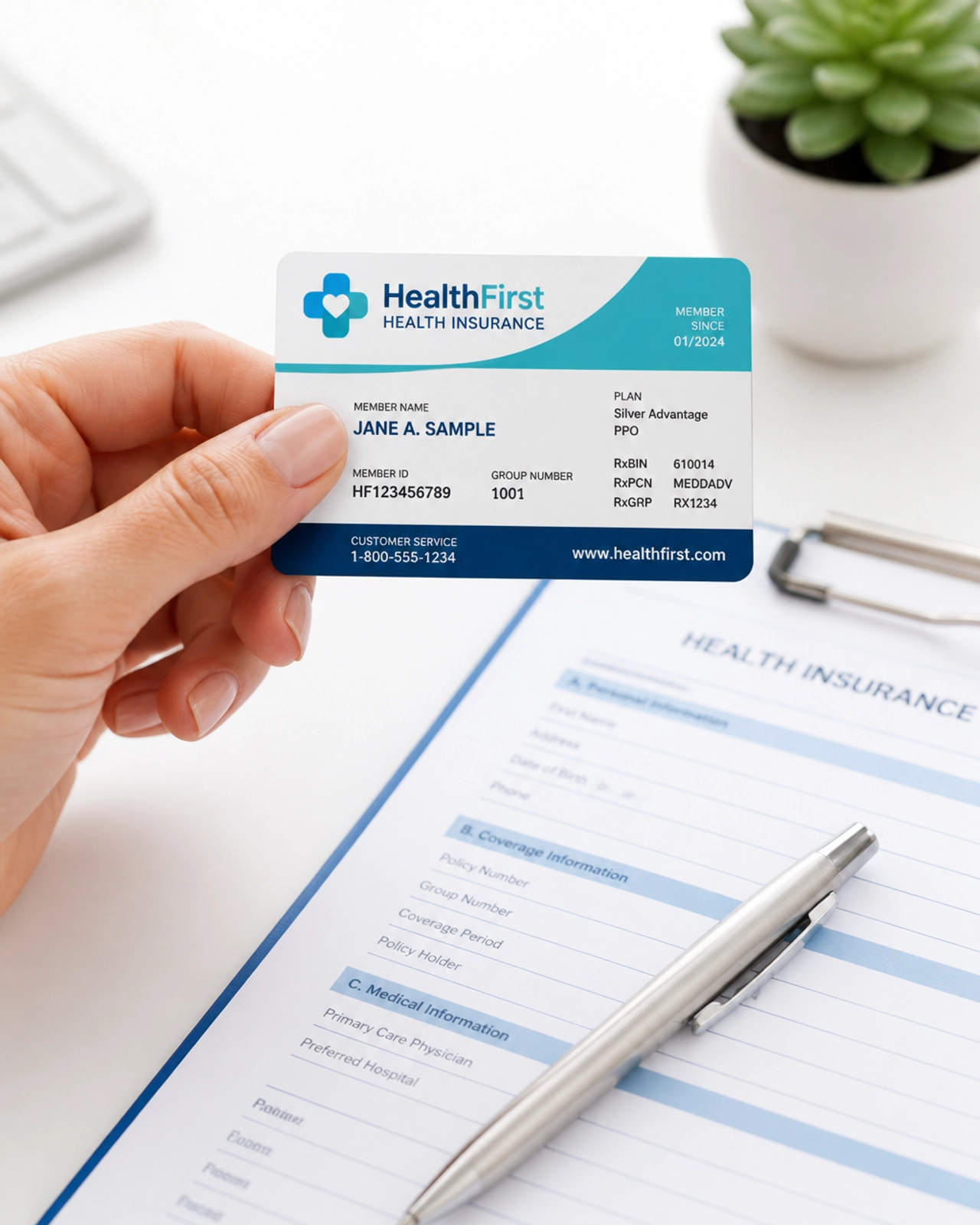 A patient holding a health insurance card during a medical consultation