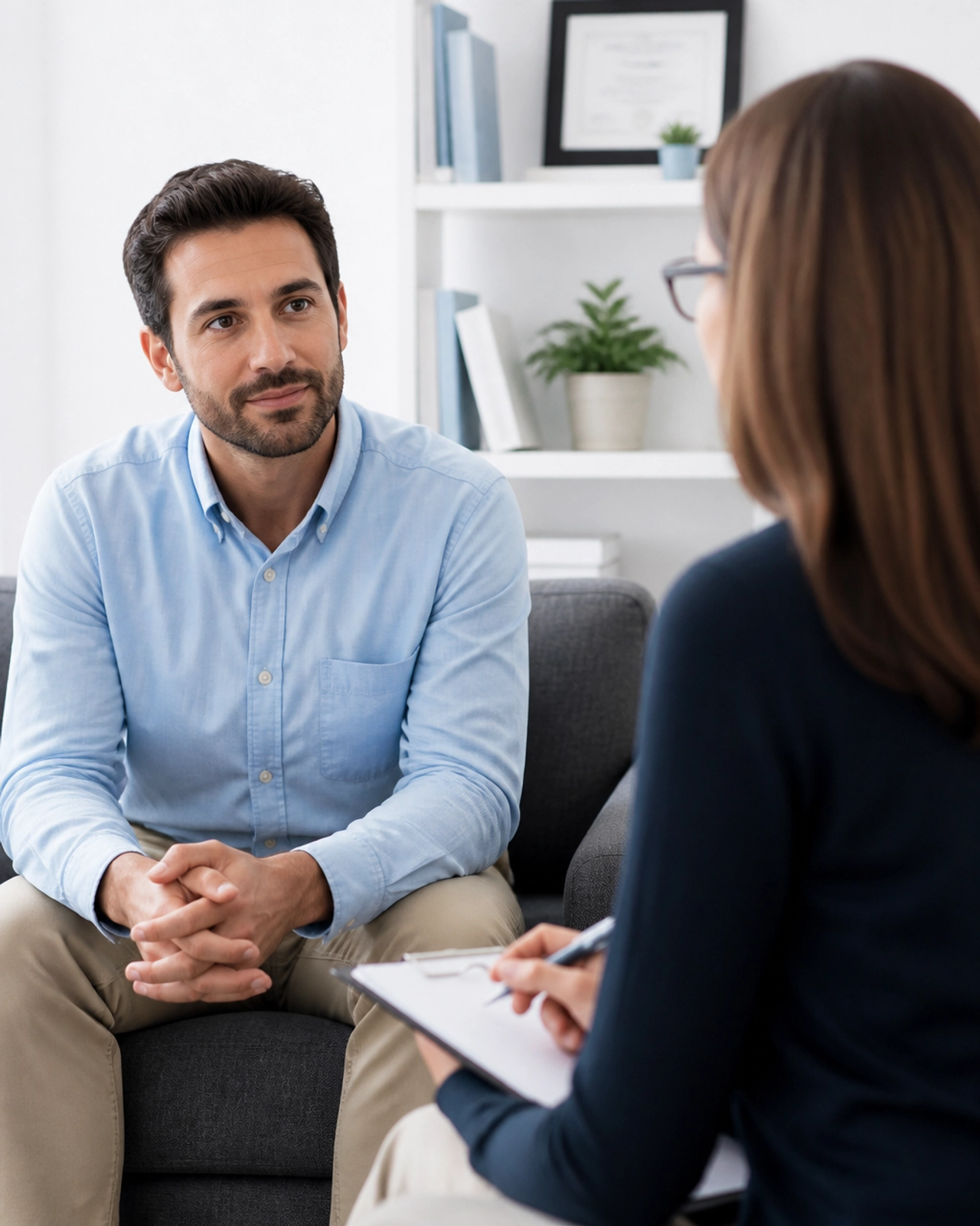 A therapist and patient in a comfortable, modern office setting during a session