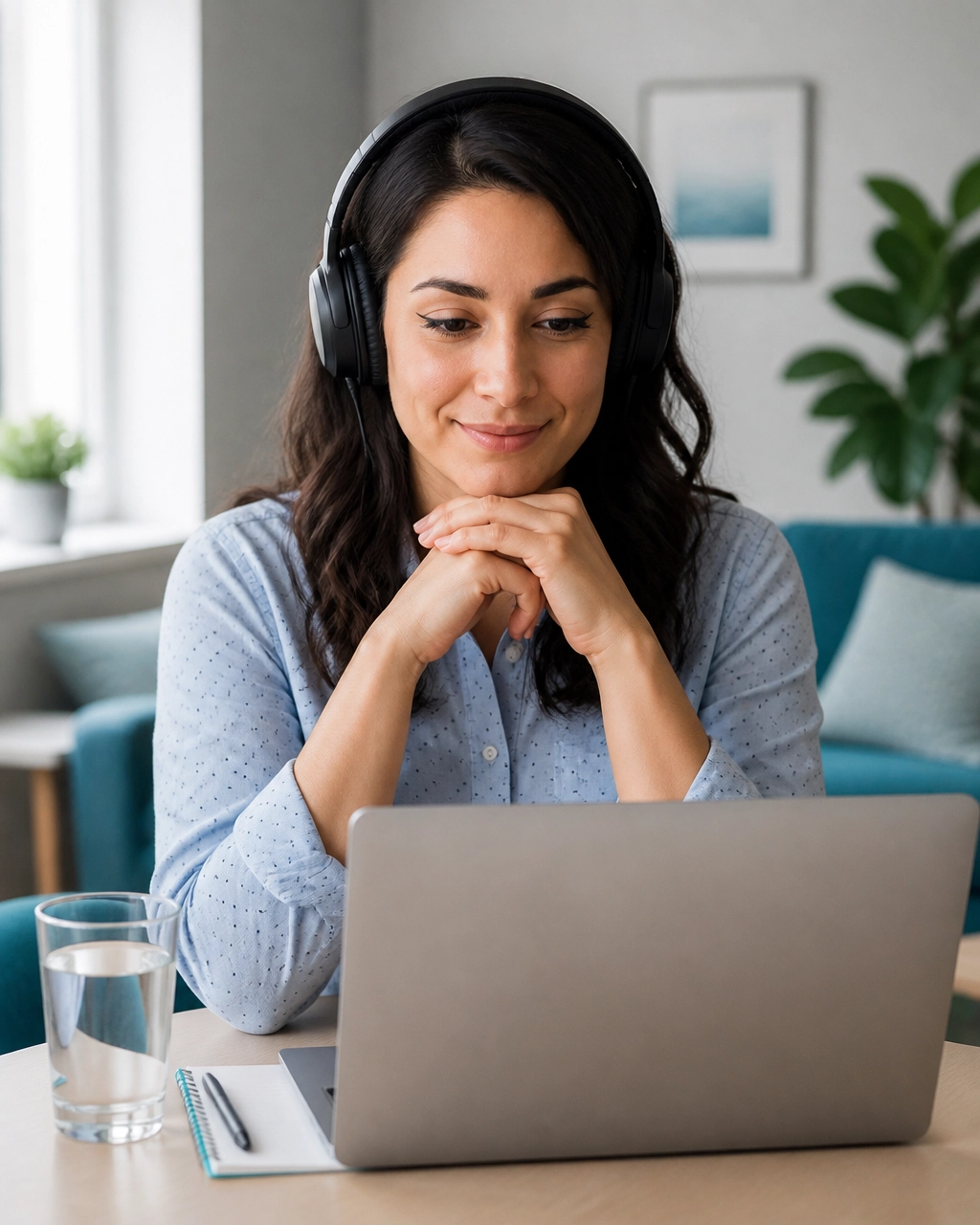 Adult preparing for an online therapy session with headphones, a laptop, and a notebook