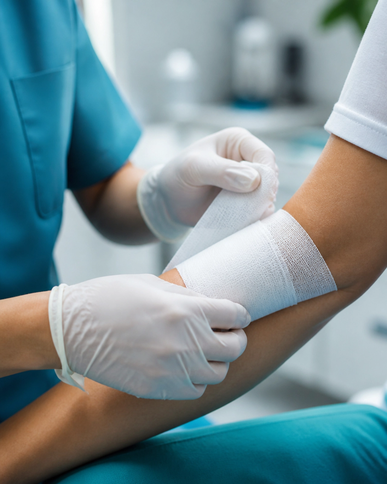 Medical professional applying a bandage to a patient