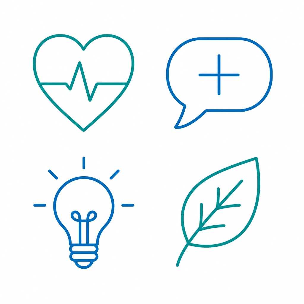 Minimalist flat-design illustration of mental health icons including a heart, speech bubble, lightbulb, and leaf.