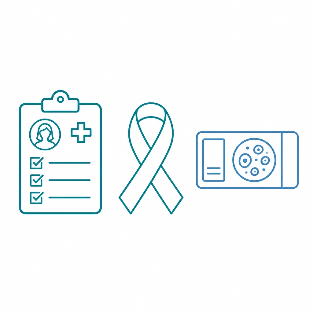 Icons representing women's health screenings and medical tools