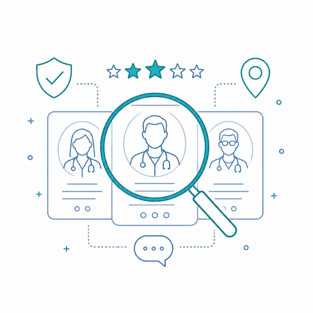 Minimalist illustration showing a magnifying glass, verified shield, provider cards, stars, and comparison icons