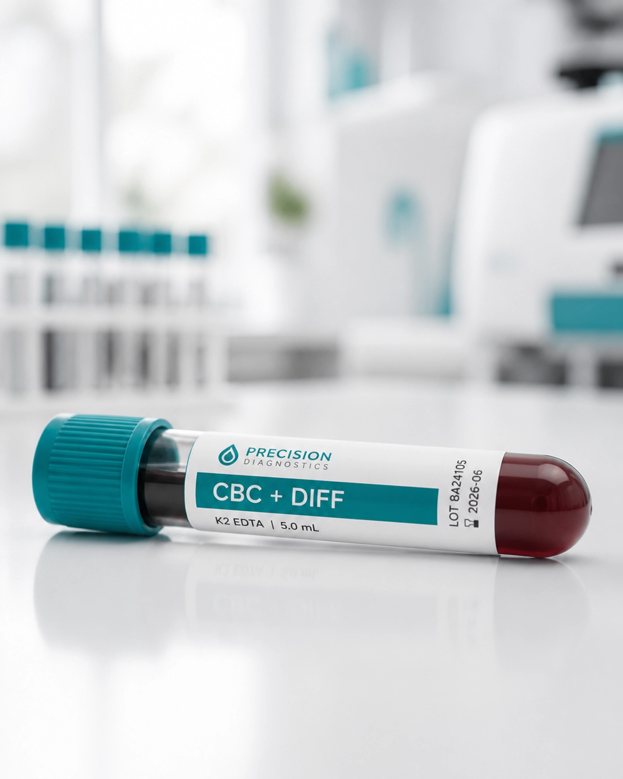 A clean, minimalist view of a blood collection tube in a bright laboratory setting