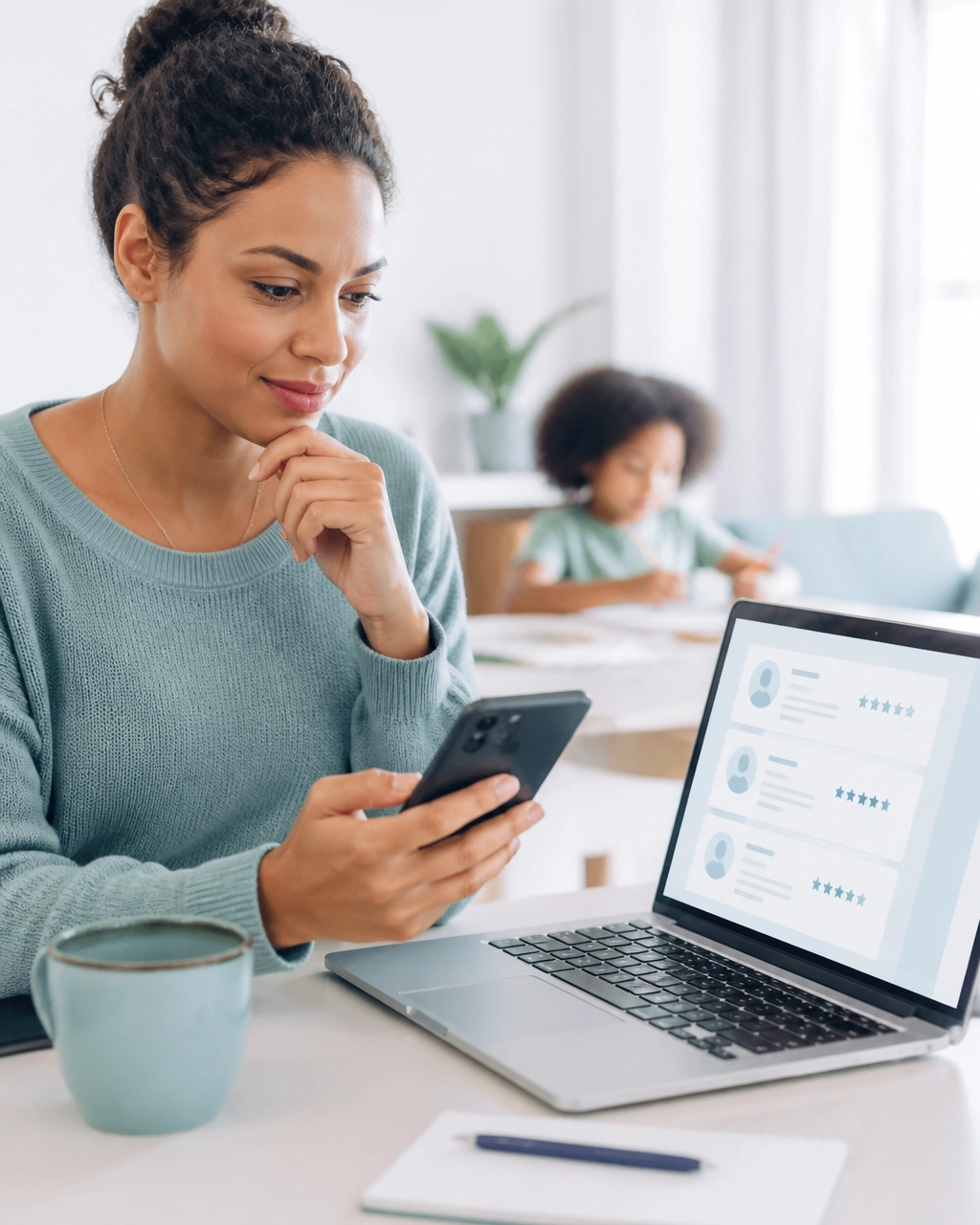 Parent comparing generic pediatrician profiles and reviews while a child plays nearby