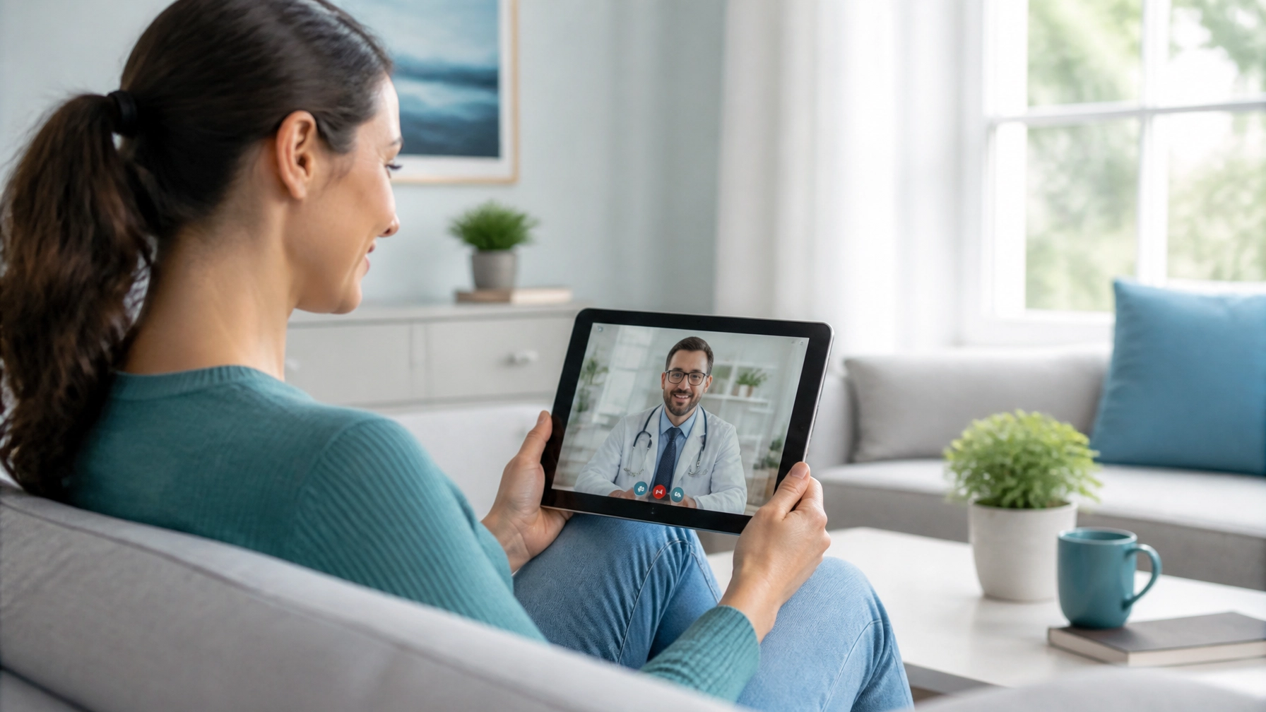 A person at home using a tablet for a modern telehealth consultation