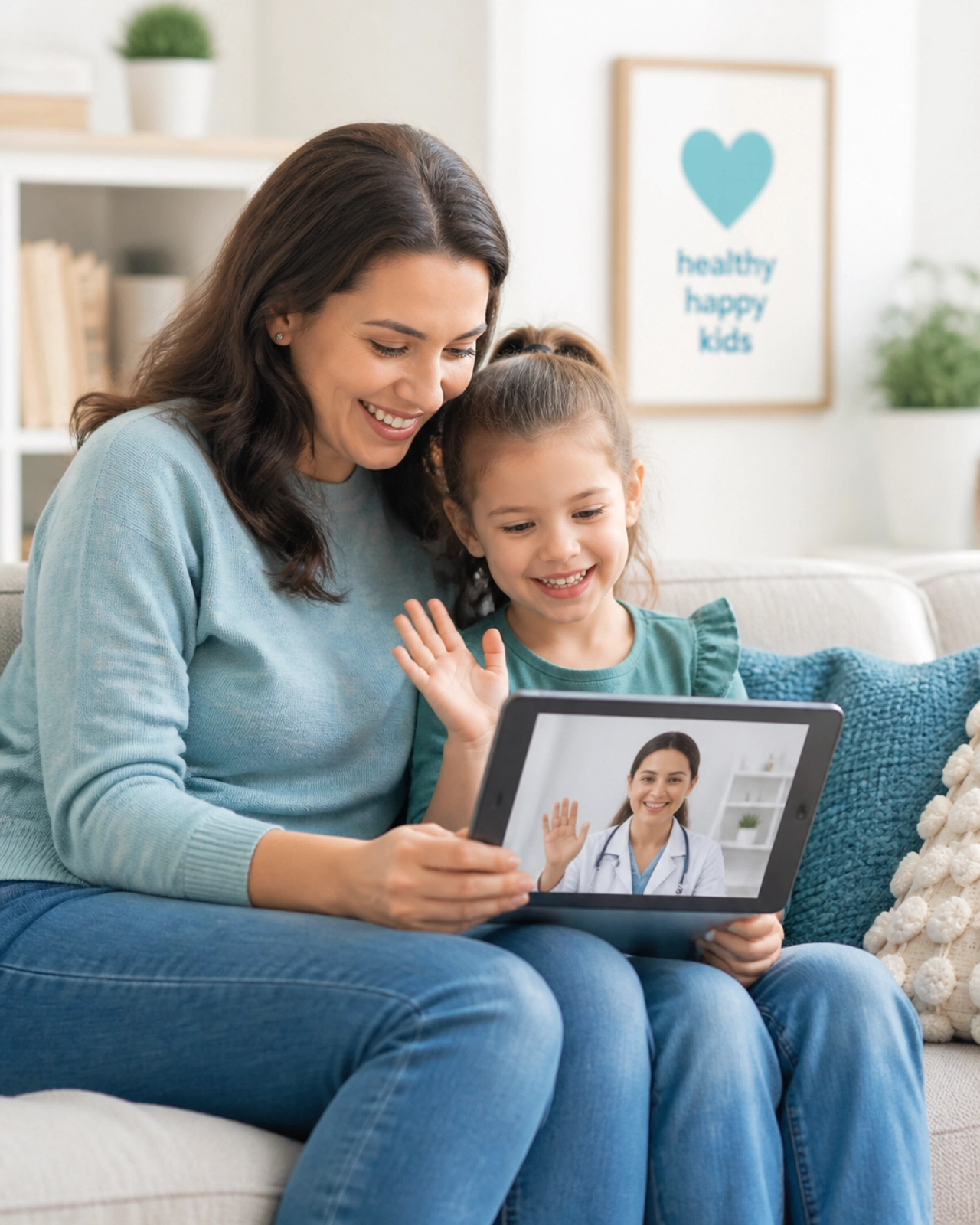 Parent and child smiling while engaging in a telehealth visit on a tablet