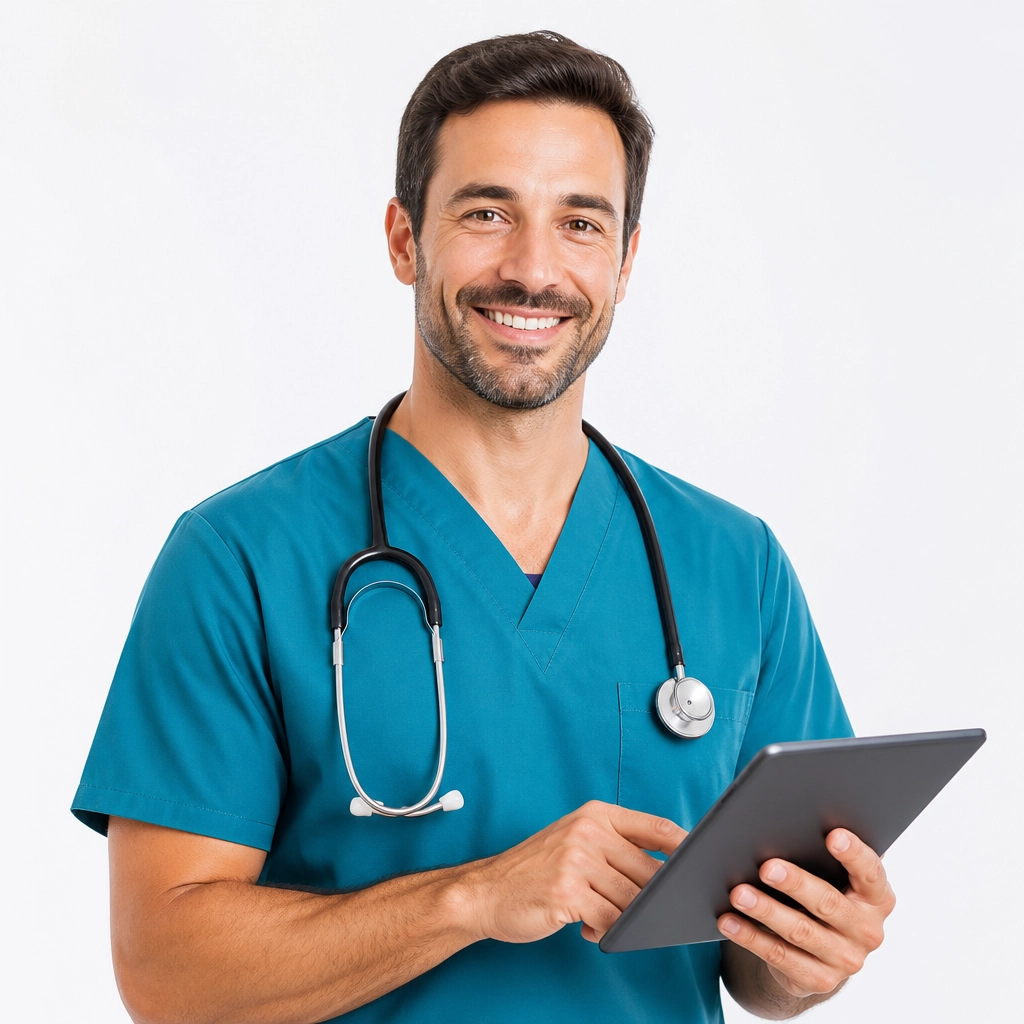 A male medical specialist holding a tablet, representing modern clinical expertise