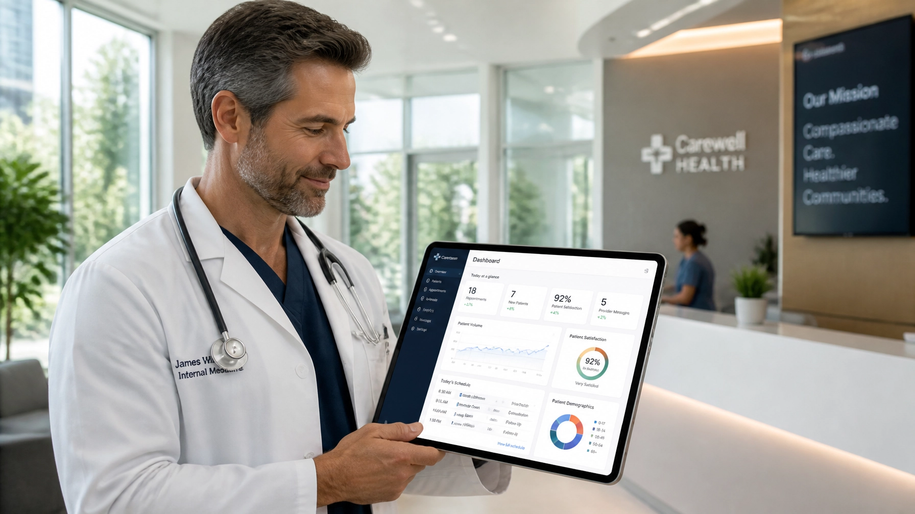 An ambitious doctor looking at a tablet displaying real-time patient analytics and scheduling metrics