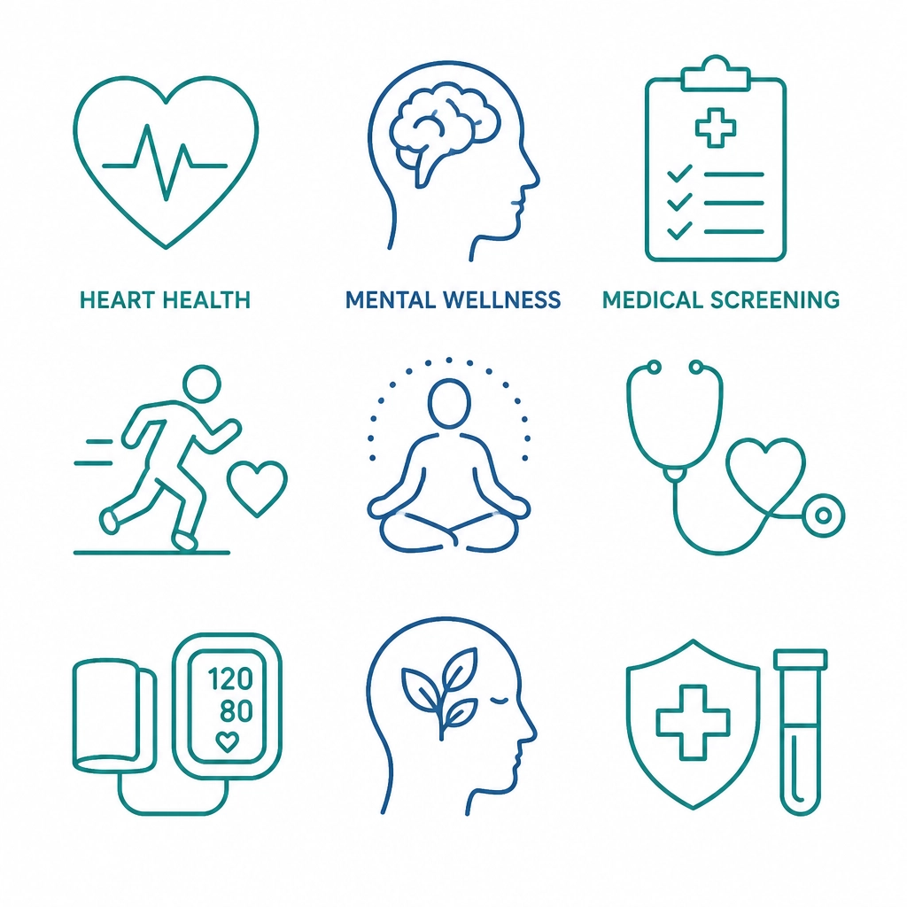 Minimalist graphic depicting icons for heart, mental health, and medical screening