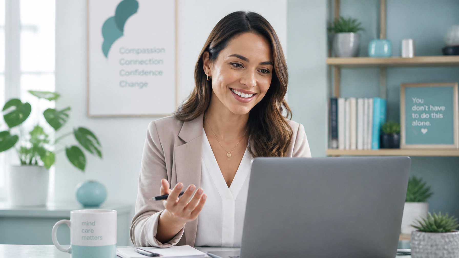 A smiling mental health specialist conducting a session via laptop in a bright, modern setting