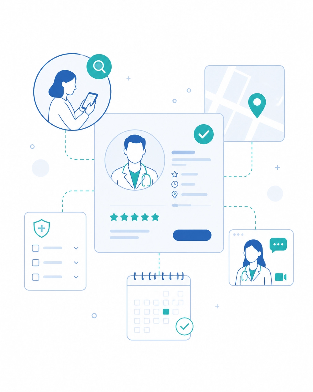Minimalist illustration of a verified provider profile with reviews and appointment tools