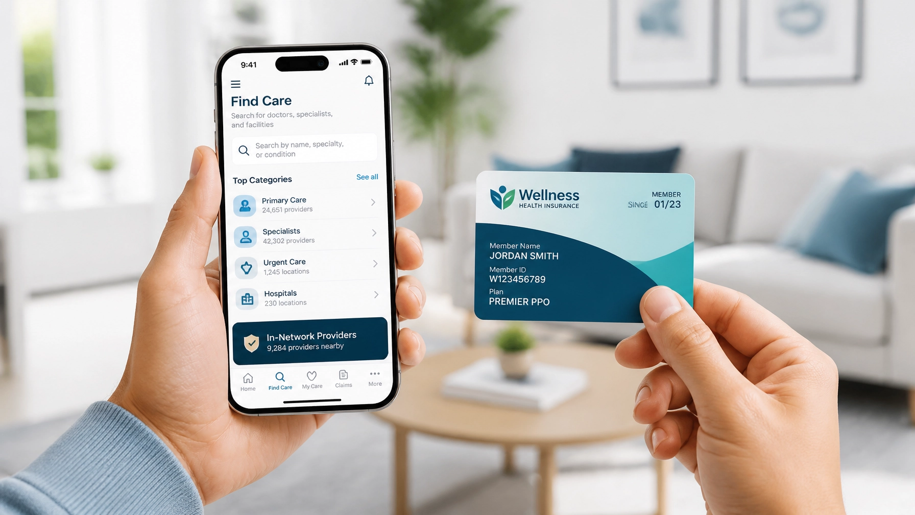 Hands holding an insurance card and a smartphone with a medical directory app