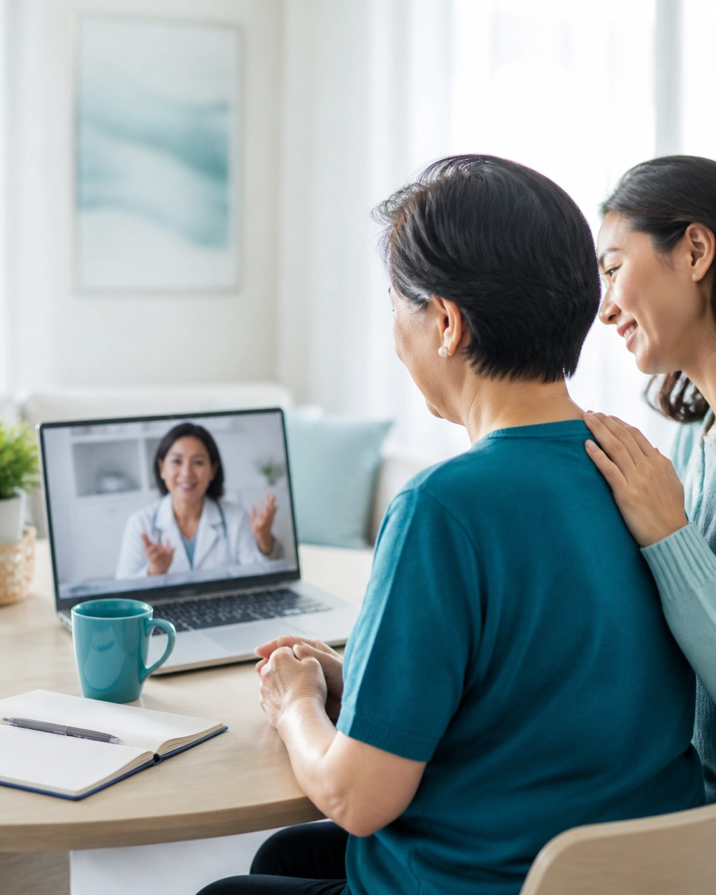 A clinician speaking with a patient and caregiver during a calm, bright telehealth visit
