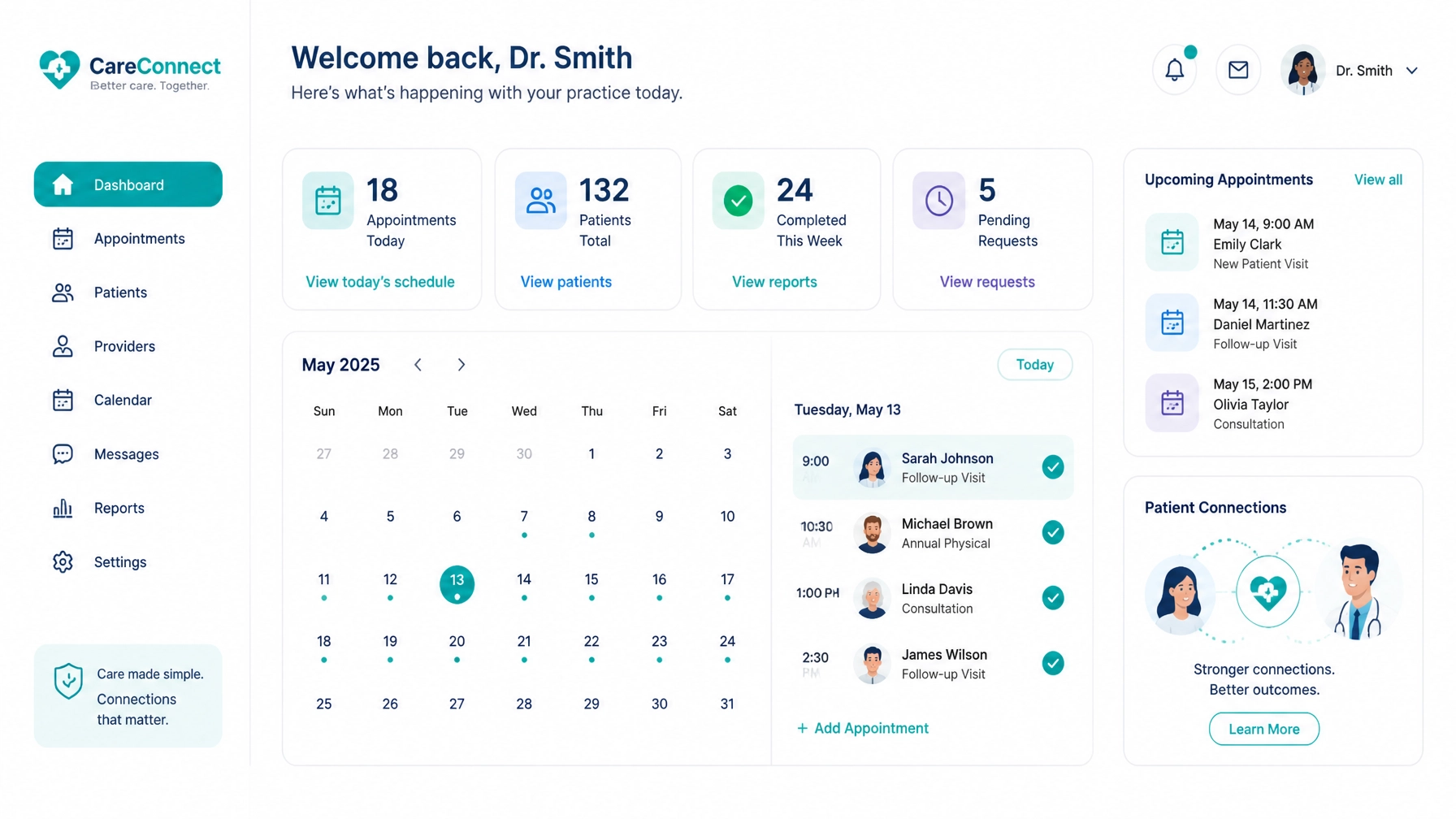 A minimalist flat vector illustration showing a digital healthcare booking dashboard