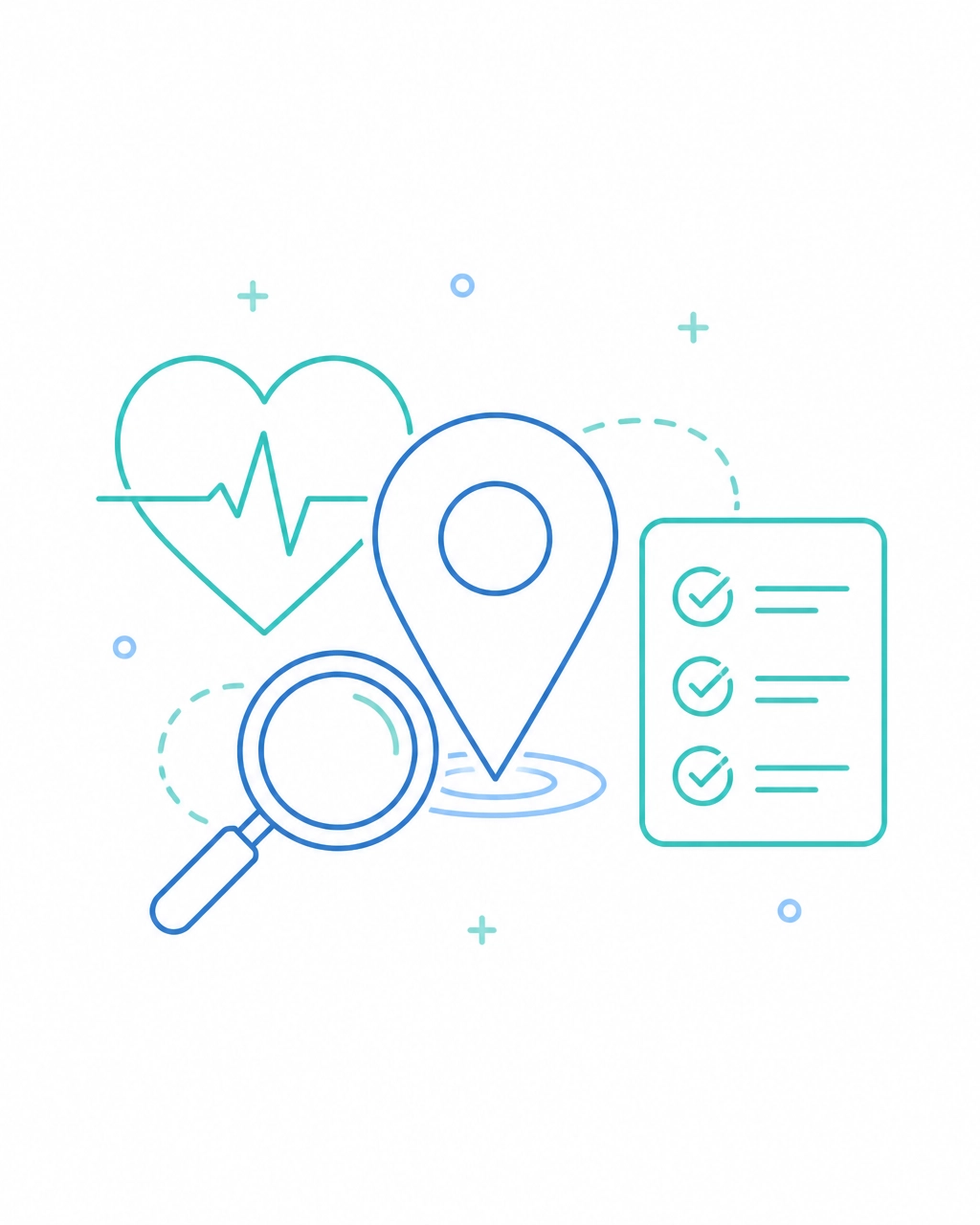 Minimalist teal and blue illustration of a heart, location pin, magnifying glass, and checklist
