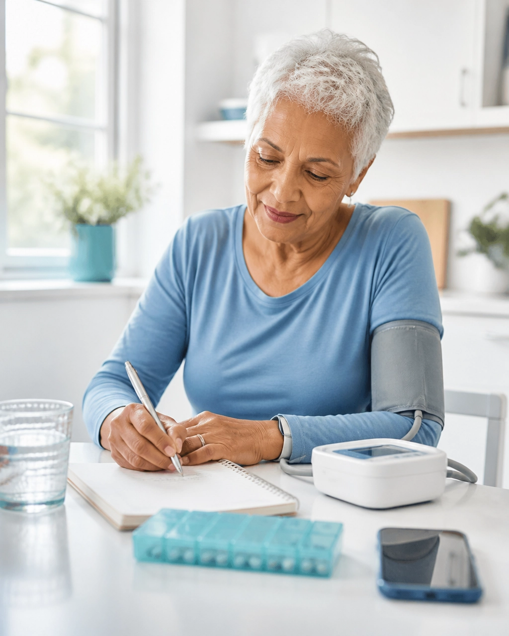 An older adult recording a health reading beside a blood pressure monitor, pill organizer, and glass of water