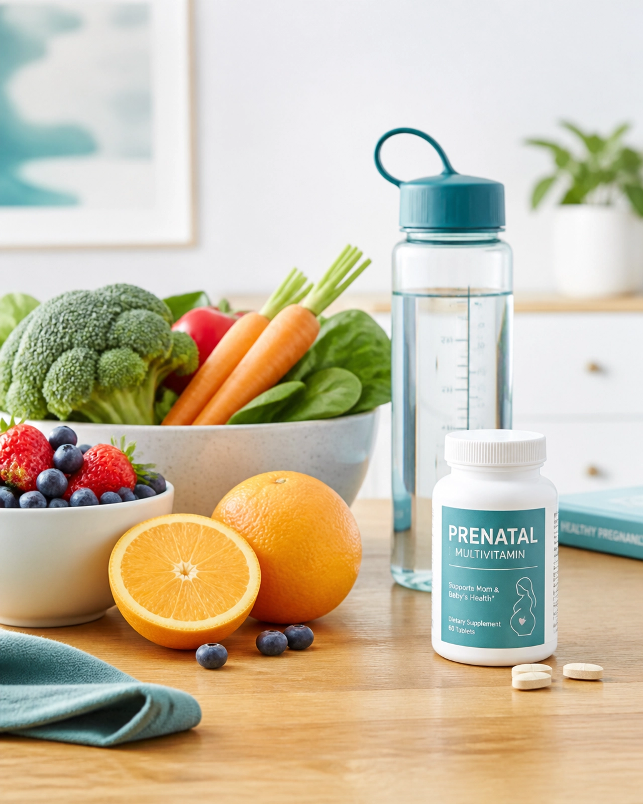 Healthy nutrition during pregnancy including fresh fruits, vegetables, and prenatal vitamins