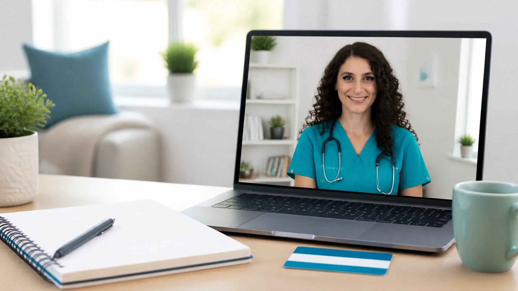 Friendly physician appearing on a laptop video call beside an insurance card and notebook in a bright home setting