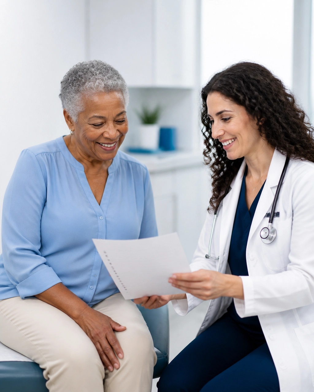 Older adult and primary care clinician reviewing a wellness checklist together during a supportive appointment