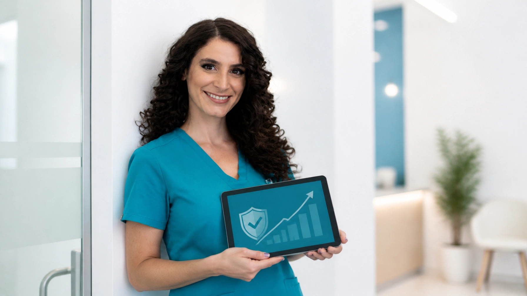 Approachable physician standing beside a clinic doorway with a verified badge and growth indicator on a tablet
