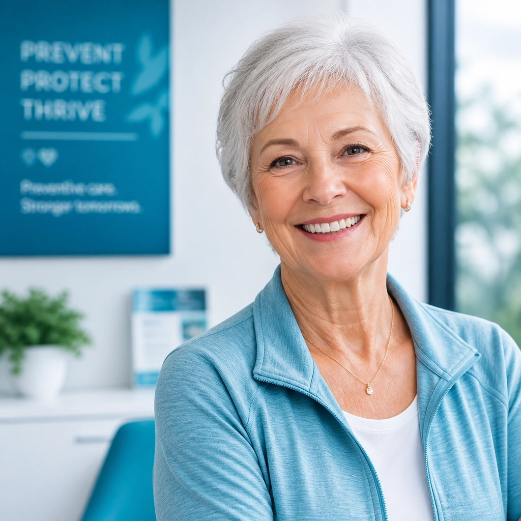 A senior patient smiling warmly in a bright medical setting