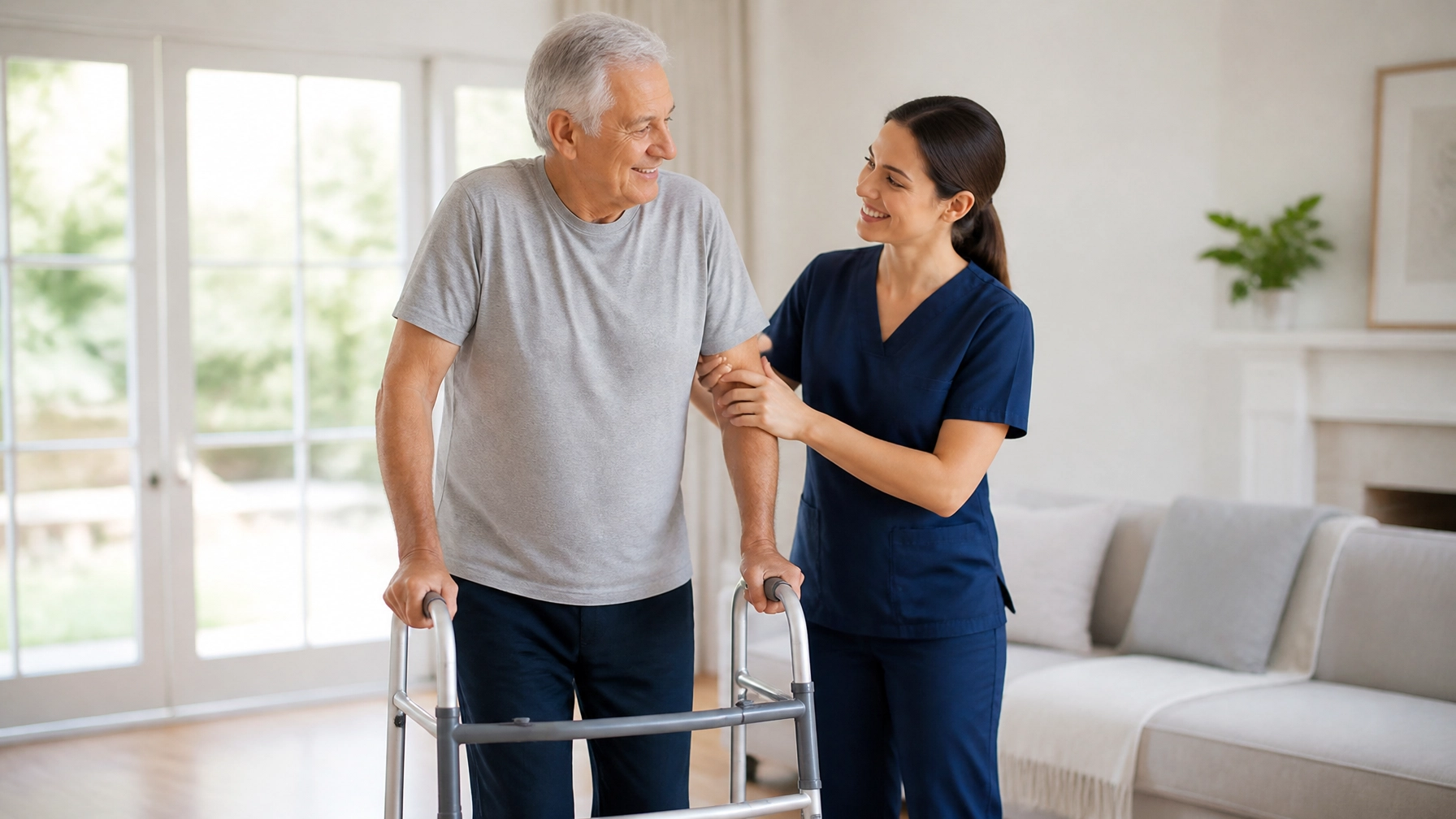 A patient recovering at home with the help of a physical therapist