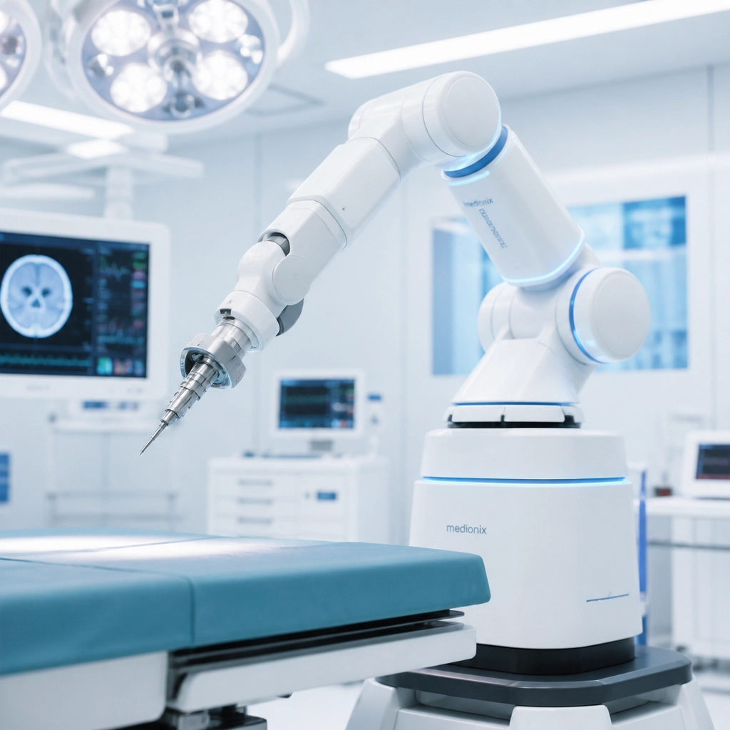 A sleek robotic surgical arm in a clean, modern clinical environment
