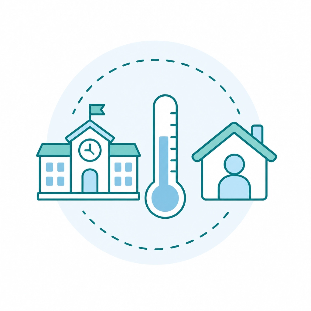 A minimalist graphic representing health icons like a thermometer and a school.
