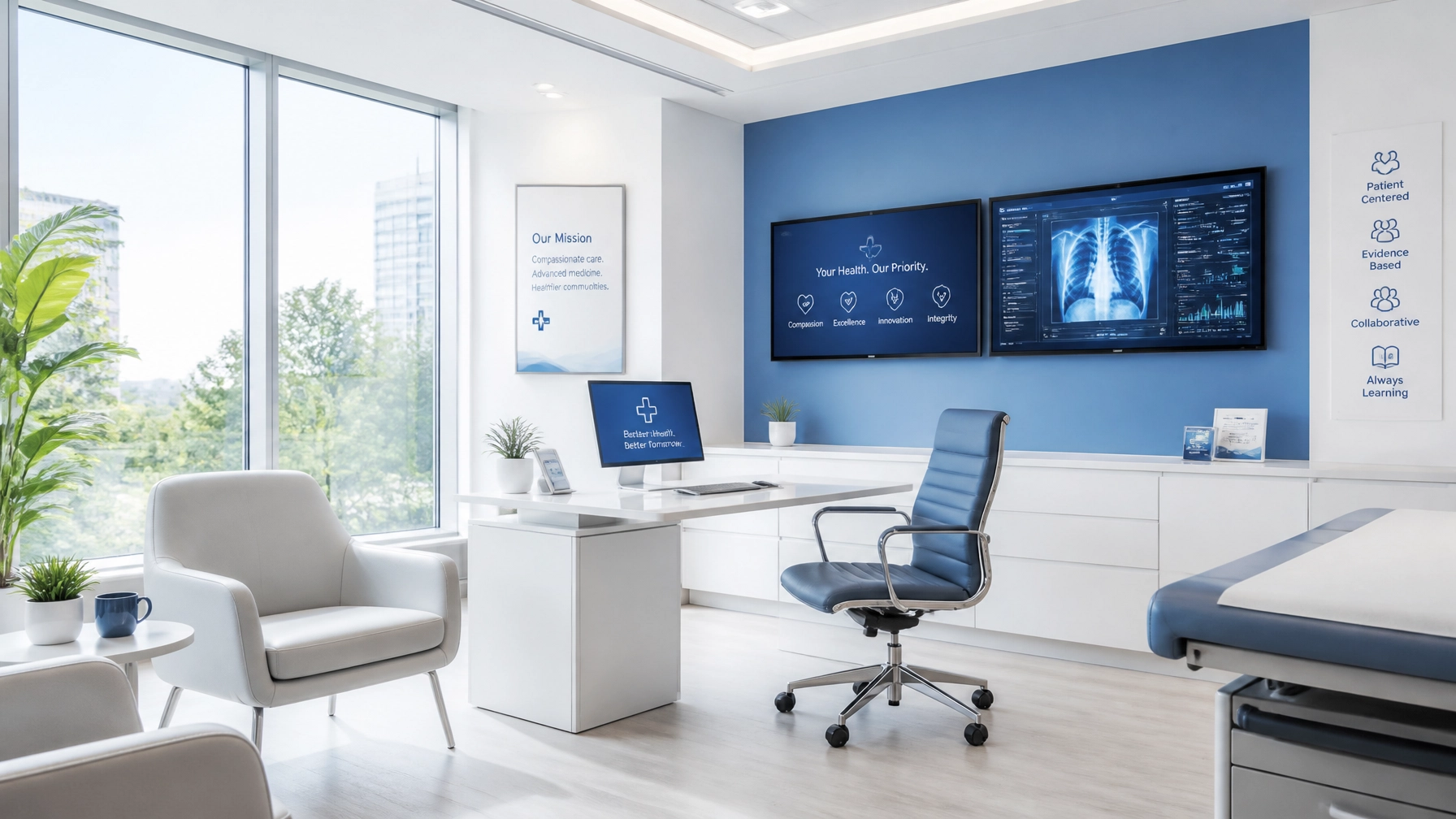 A bright, modern hospital consultation room representing high-tech care