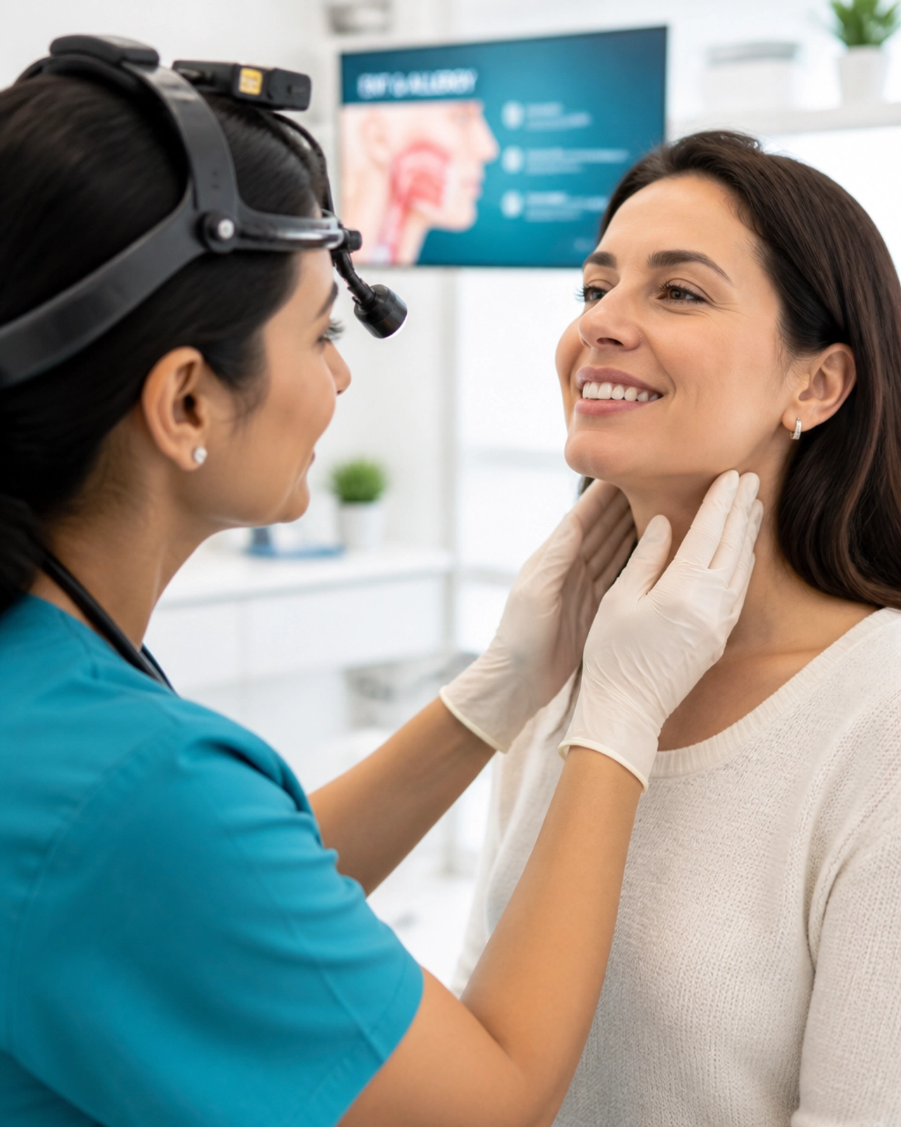 A specialist and a patient during a throat consultation