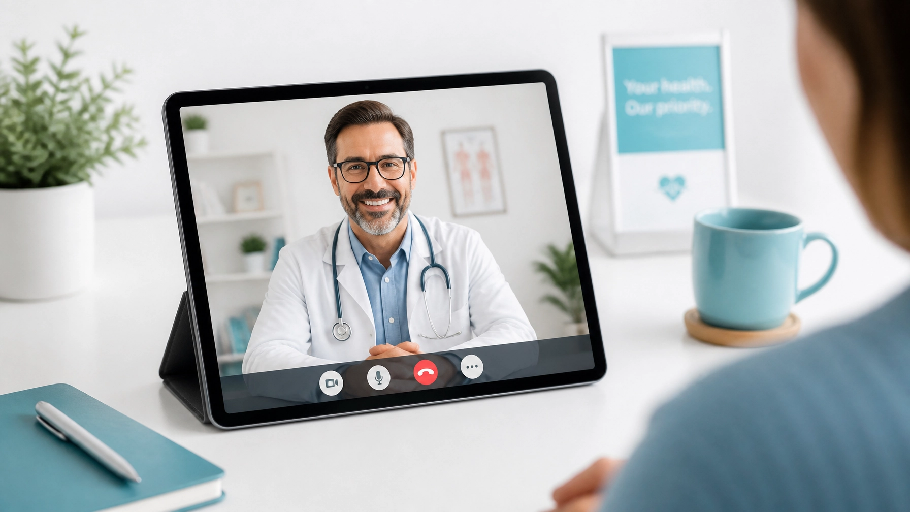 A digital tablet showing a friendly healthcare professional during a telehealth consultation, emphasizing modern and accessible care.