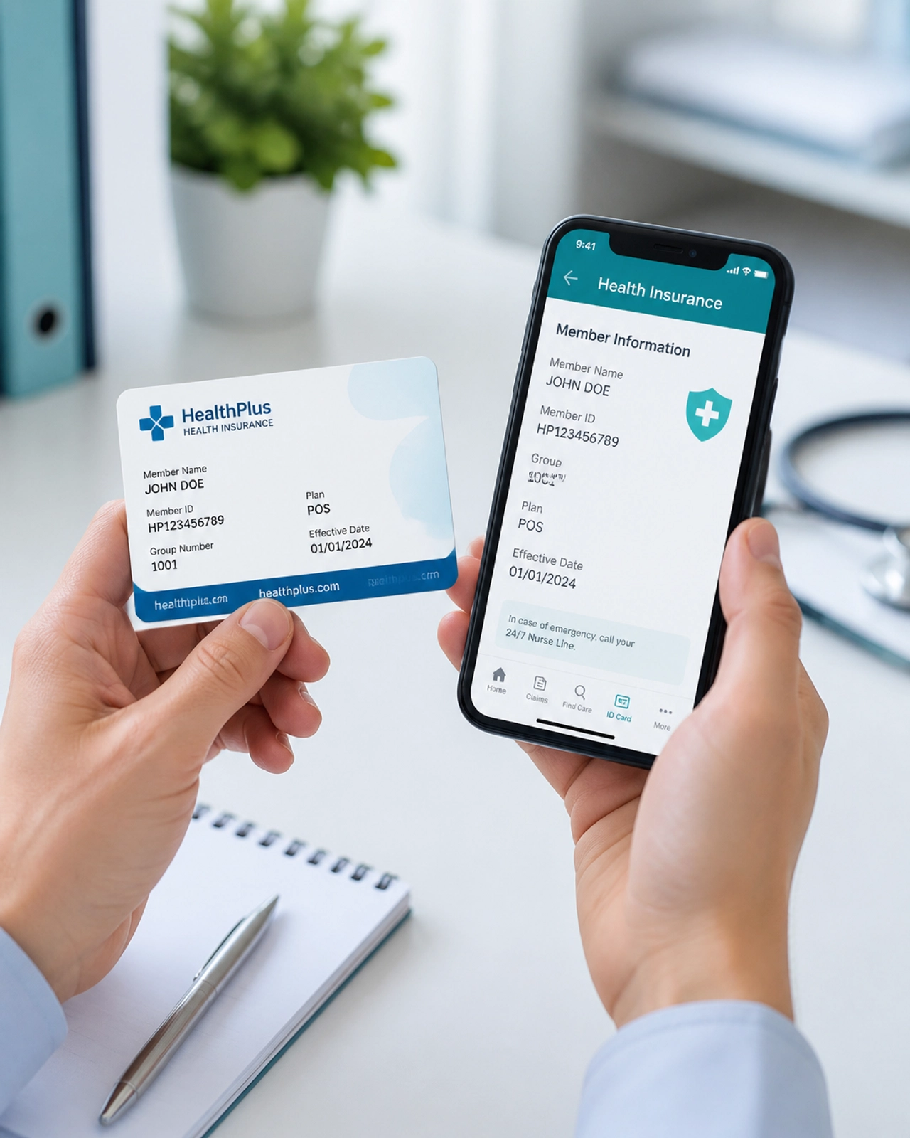 Person holding an insurance card and a smartphone to verify health information.