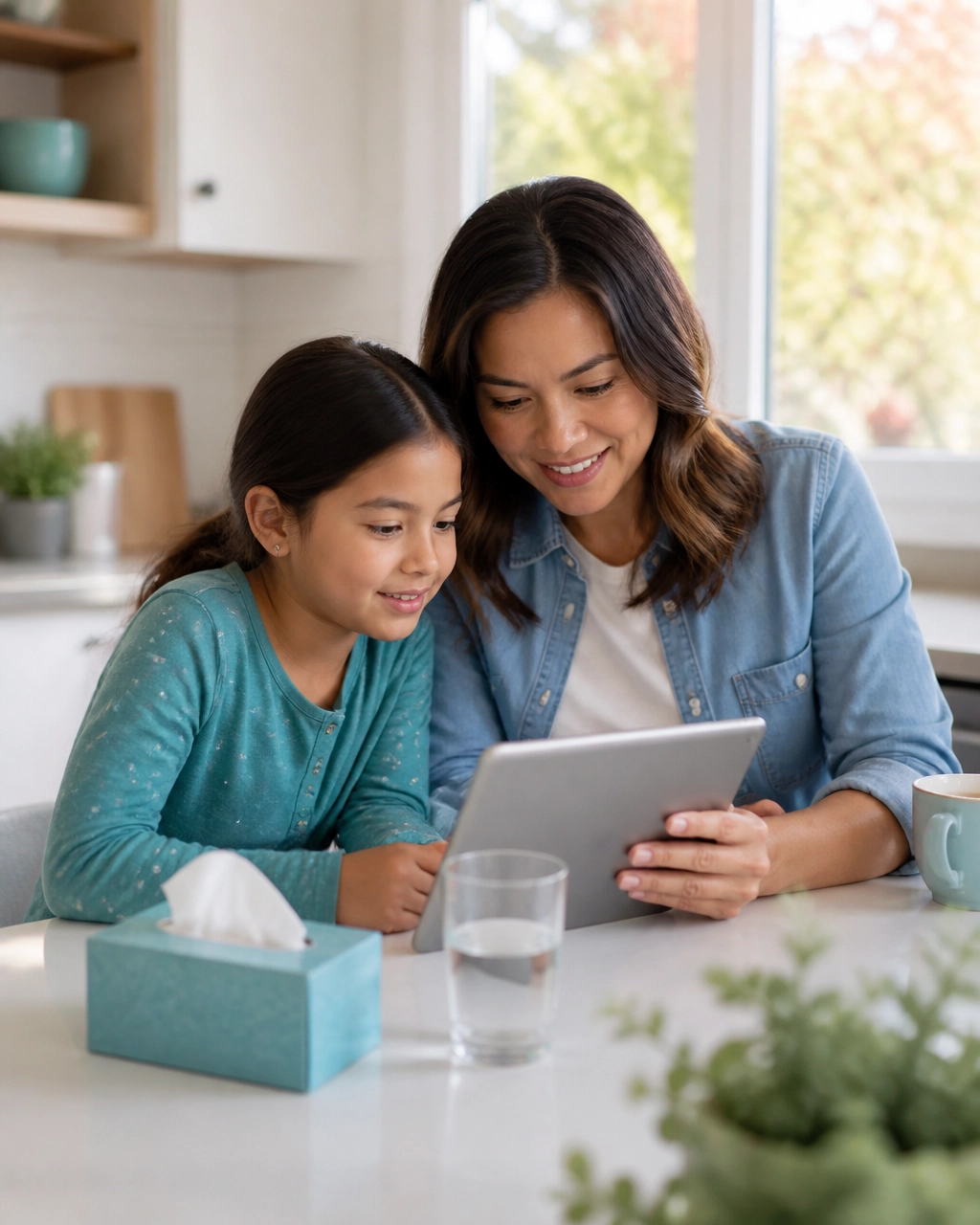 Parent and child reviewing symptoms at home with water and tissues nearby