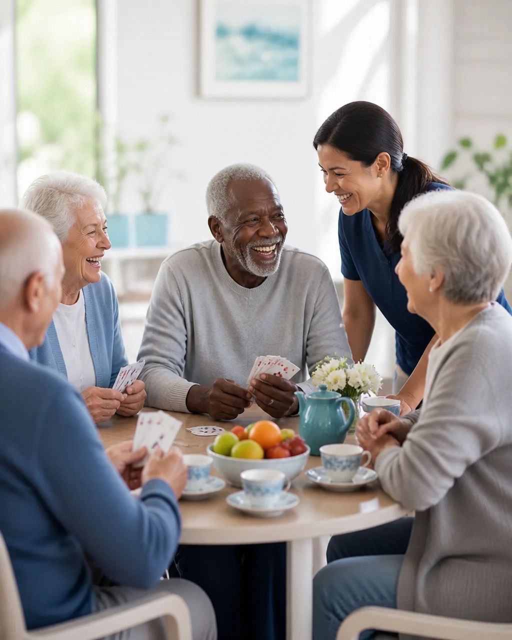 Diverse older adults sharing conversation and a light meal around a bright community table