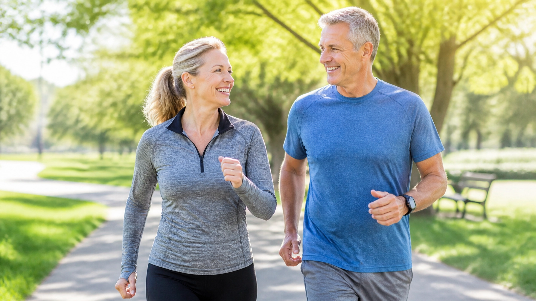 A middle-aged couple walking briskly in a sunlit park, representing active living.