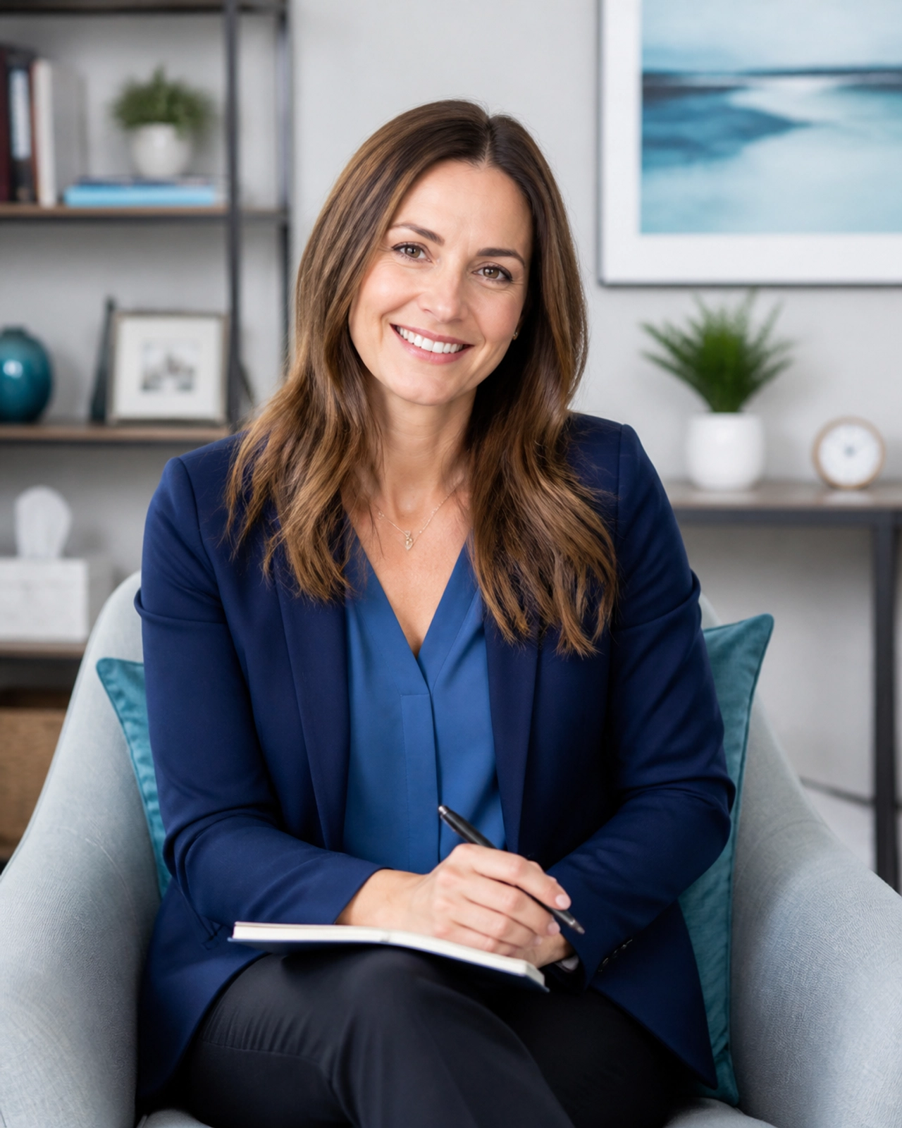 A professional and approachable female mental health professional smiling warmly in a bright, modern office.