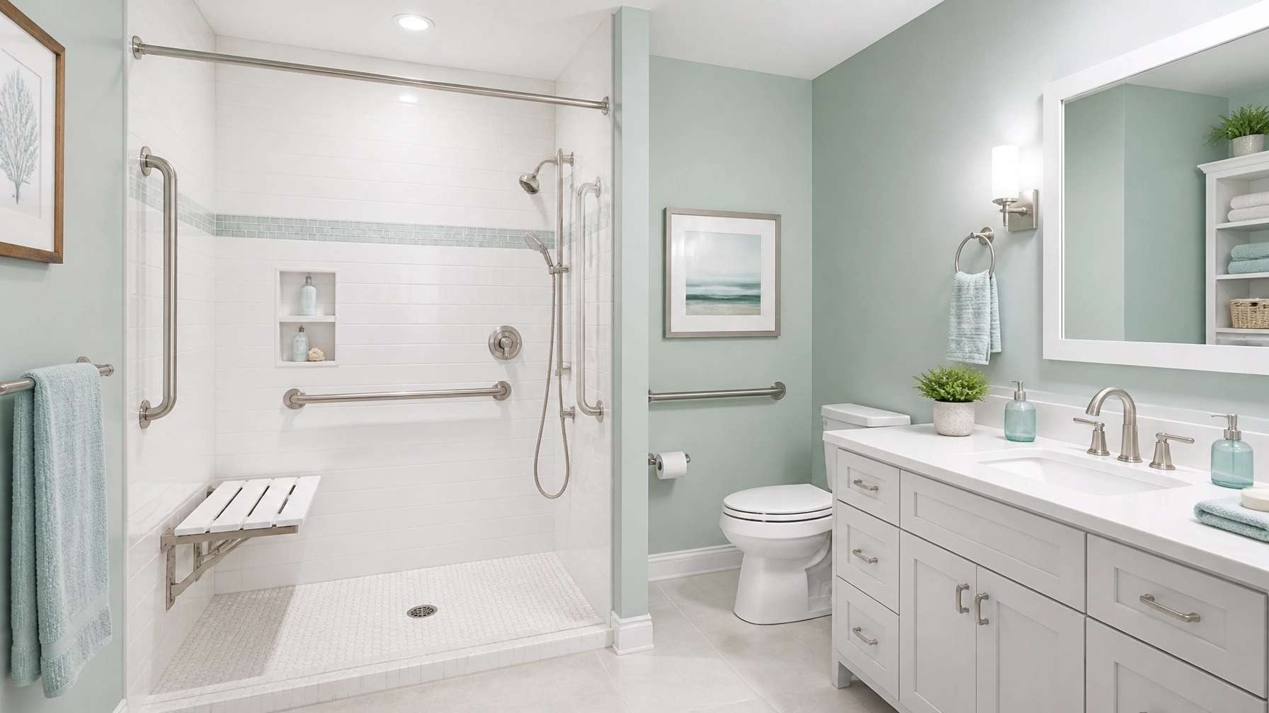 A clean, well-organized home bathroom featuring professional grab bars and walk-in shower
