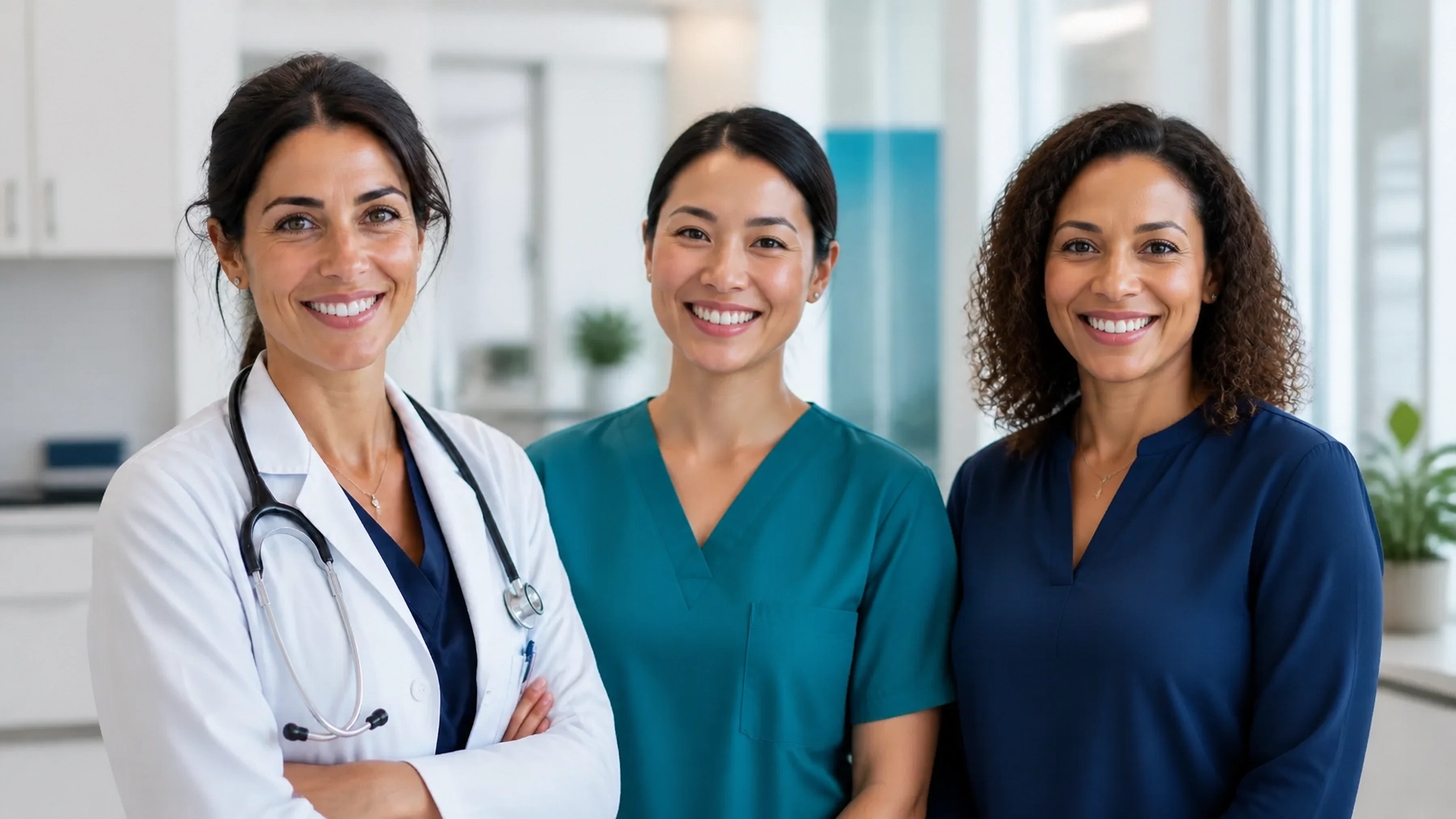 Diverse medical practice team standing together in a bright, welcoming clinic