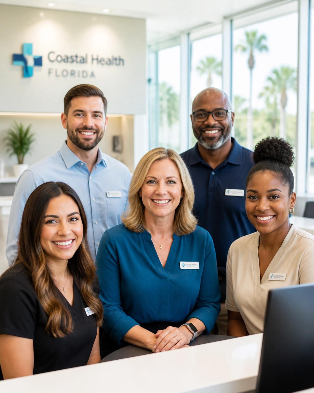 A professional medical team in a sunlit Florida healthcare facility representing teamwork and approachability