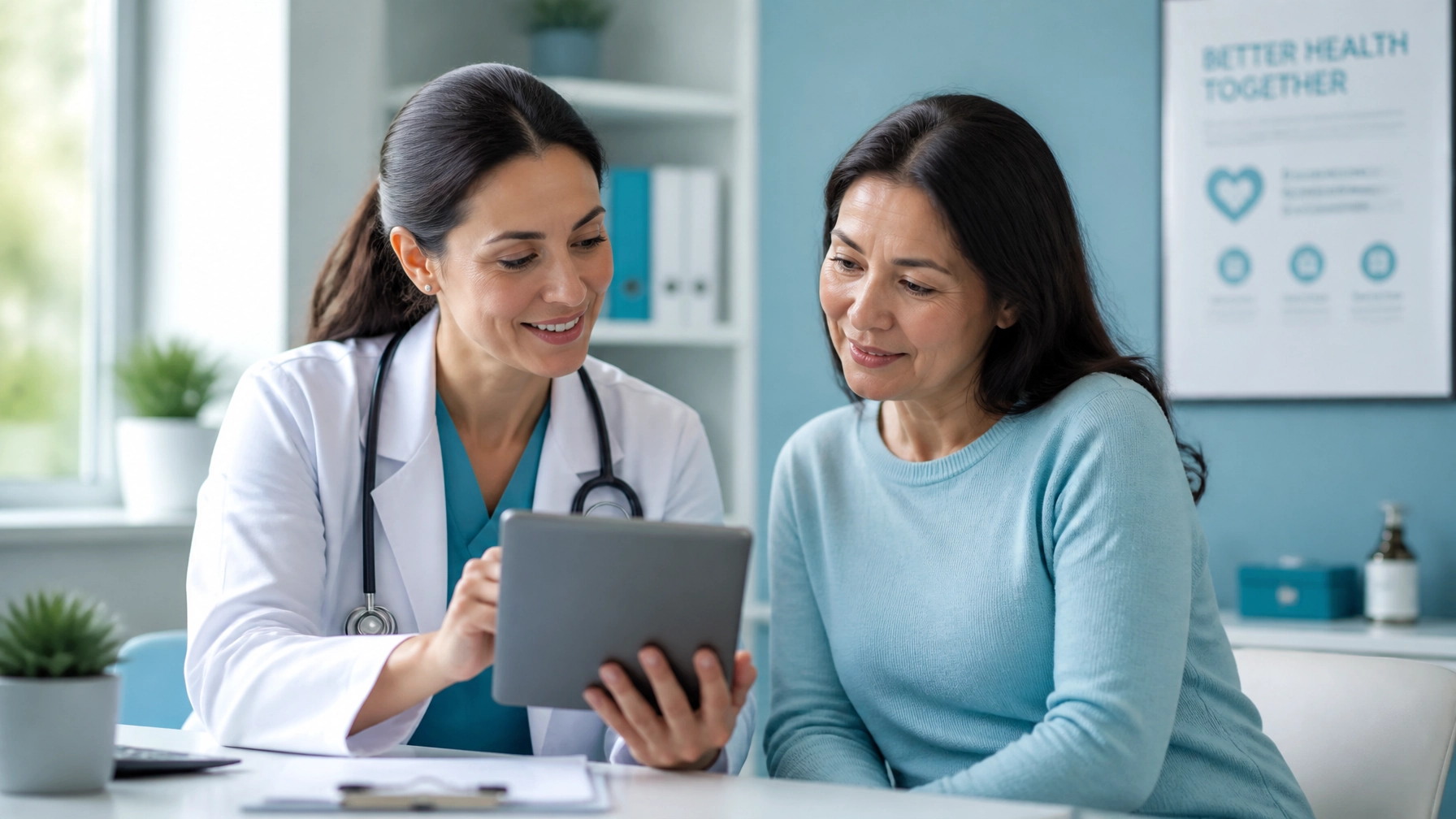 A doctor and patient looking at a tablet together, emphasizing communication and trust.