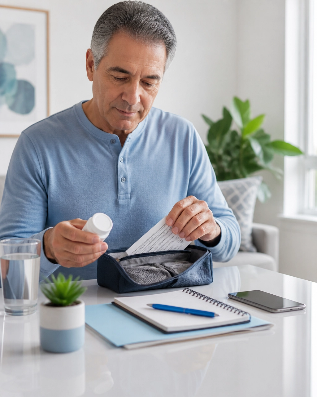 Patient organizing a medication list and notebook before a cardiology visit