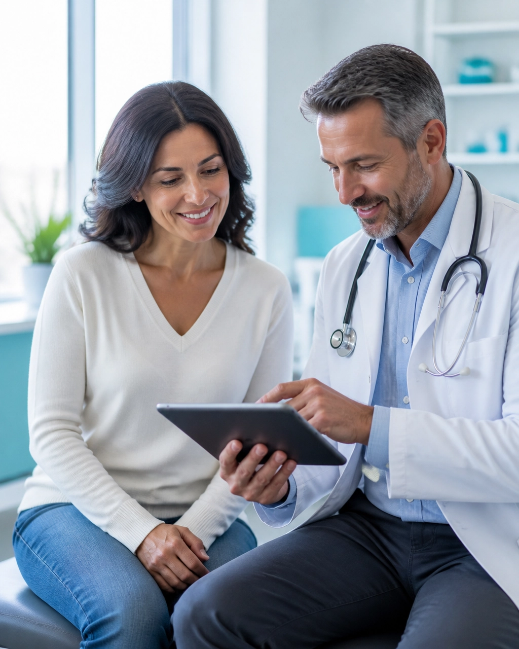 A middle-aged patient reviewing a simple preventive health checklist with a primary care clinician