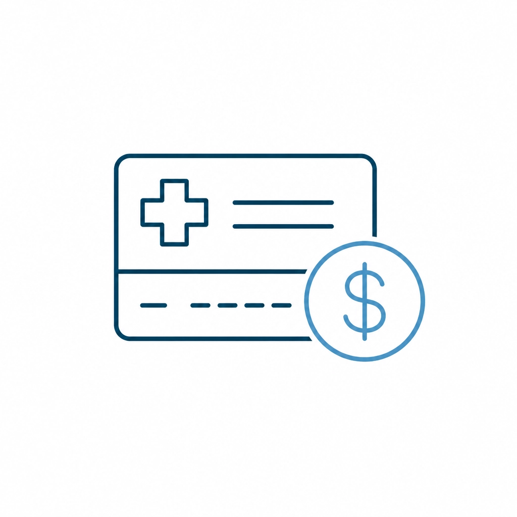 A minimalist flat-design icon of a medical card and dollar sign representing insurance and cost in teal and blue tones.