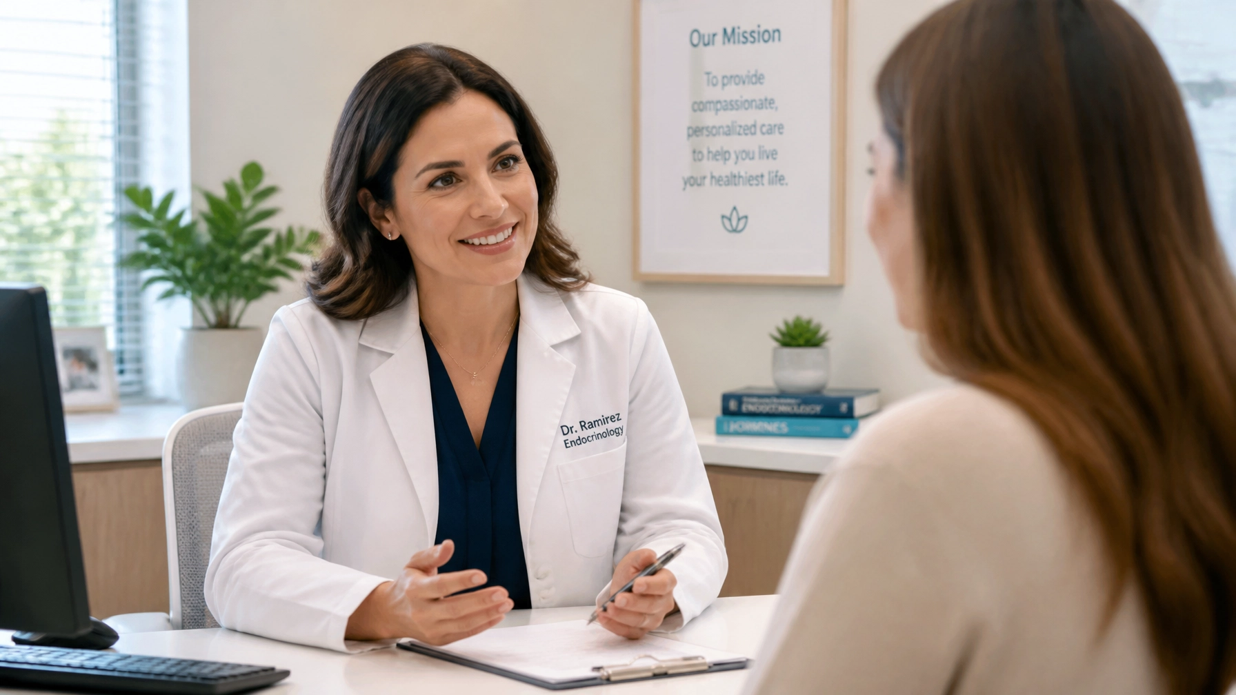 A friendly medical specialist talking to a patient in a bright and welcoming consultation room
