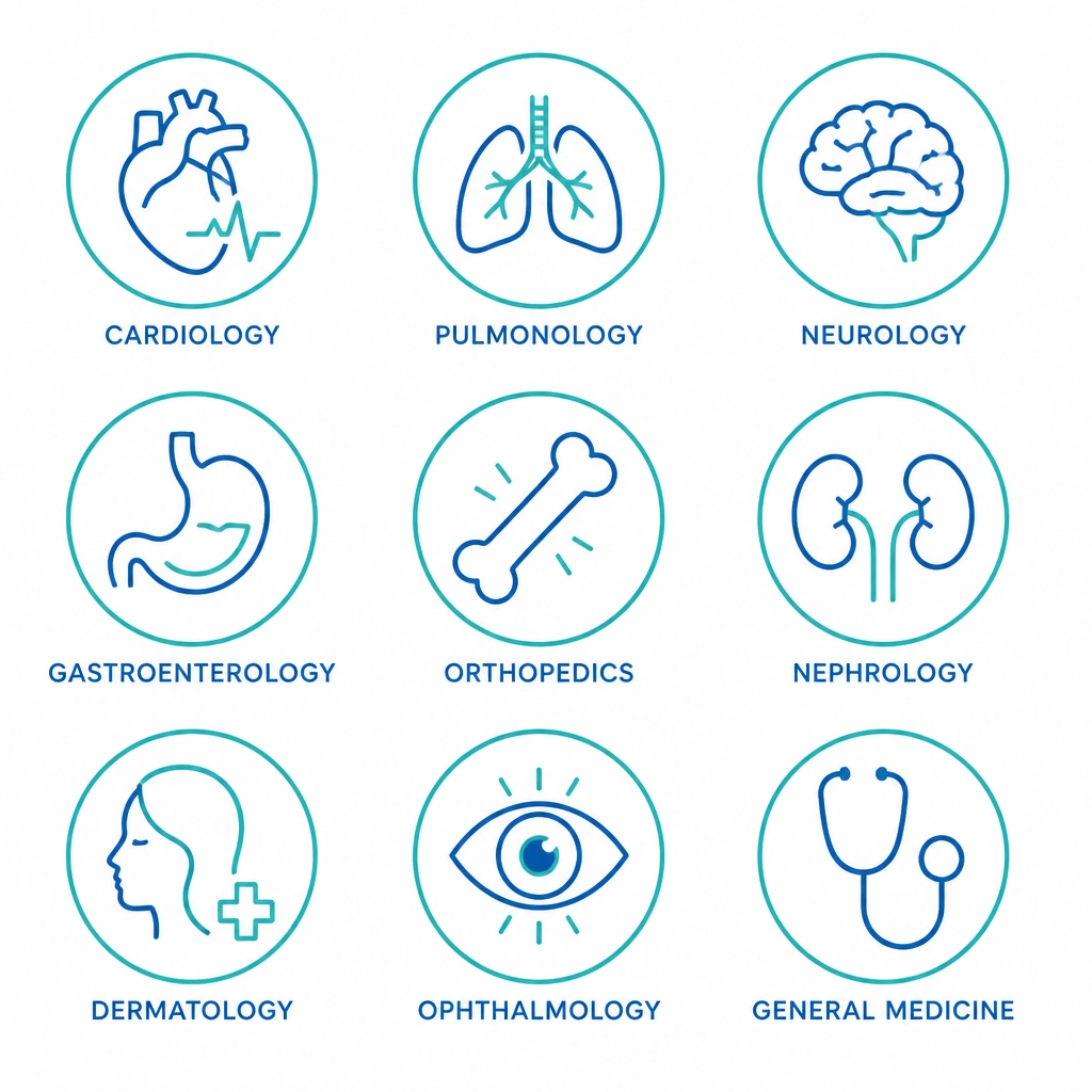 A minimalist flat-design icon representing medical specialties like heart, bone, and brain in a clean grid.